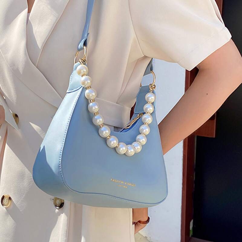 

Faux Pearl Decor Baguette Bag, Blue