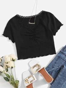 SHEIN Qutie Lace Trim Raglan Sleeve Ruched Rib-knit Crop Tee - Black - View 1
