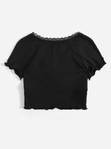 SHEIN Qutie Lace Trim Raglan Sleeve Ruched Rib-knit Crop Tee - Black - View 2