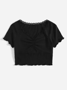 SHEIN Qutie Lace Trim Raglan Sleeve Ruched Rib-knit Crop Tee - Black - View 3