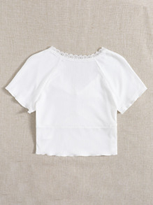 SHEIN EZwear Camiseta corta tejida de canalé de manga raglán ribete con encaje - Blanco - Ver 2