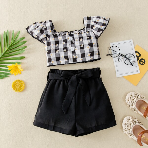 

Baby Girl Gingham Shirred Back Top With Belted Shorts, Black and white