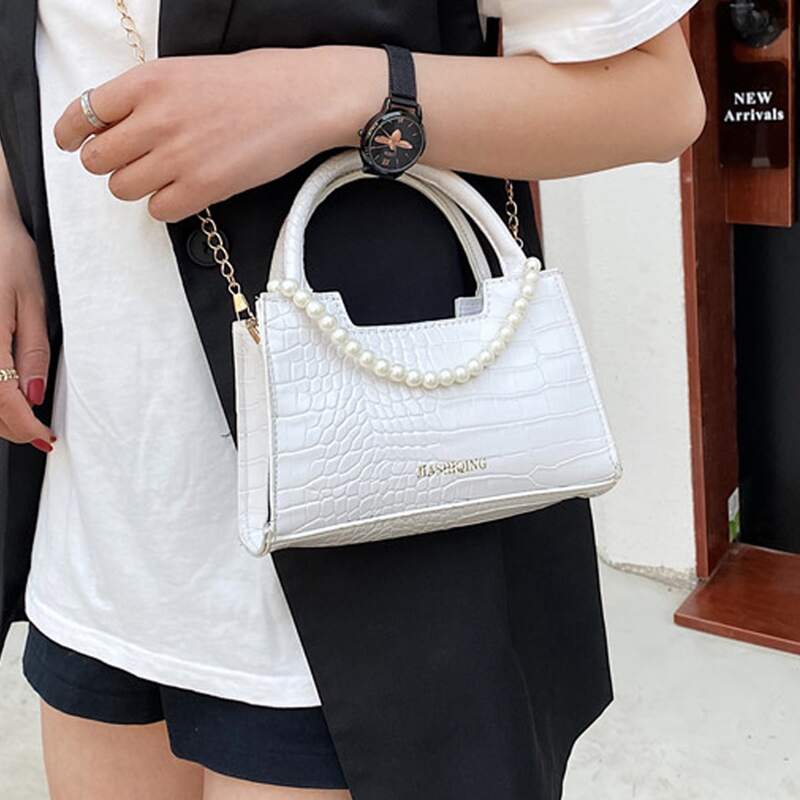 

Faux Pearl Decor Croc Embossed Chain Bag, White