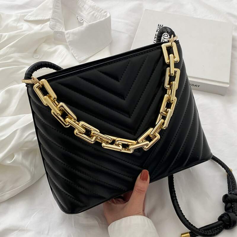 

Chain Decor Chevron Satchel Bag, Black