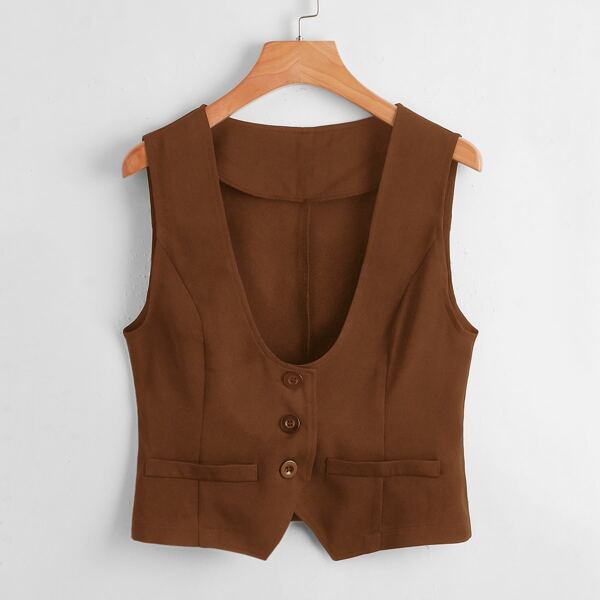 

Single Breasted Crop Blazer Vest, Coffee brown