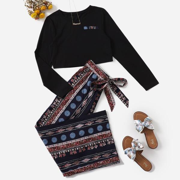 

Fake Pocket Tee & Geo Print Belted Pants, Multicolor