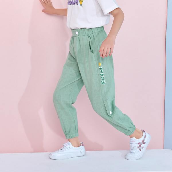

Girls Letter Graphic Button Detail Elastic Waist Pants, Mint green