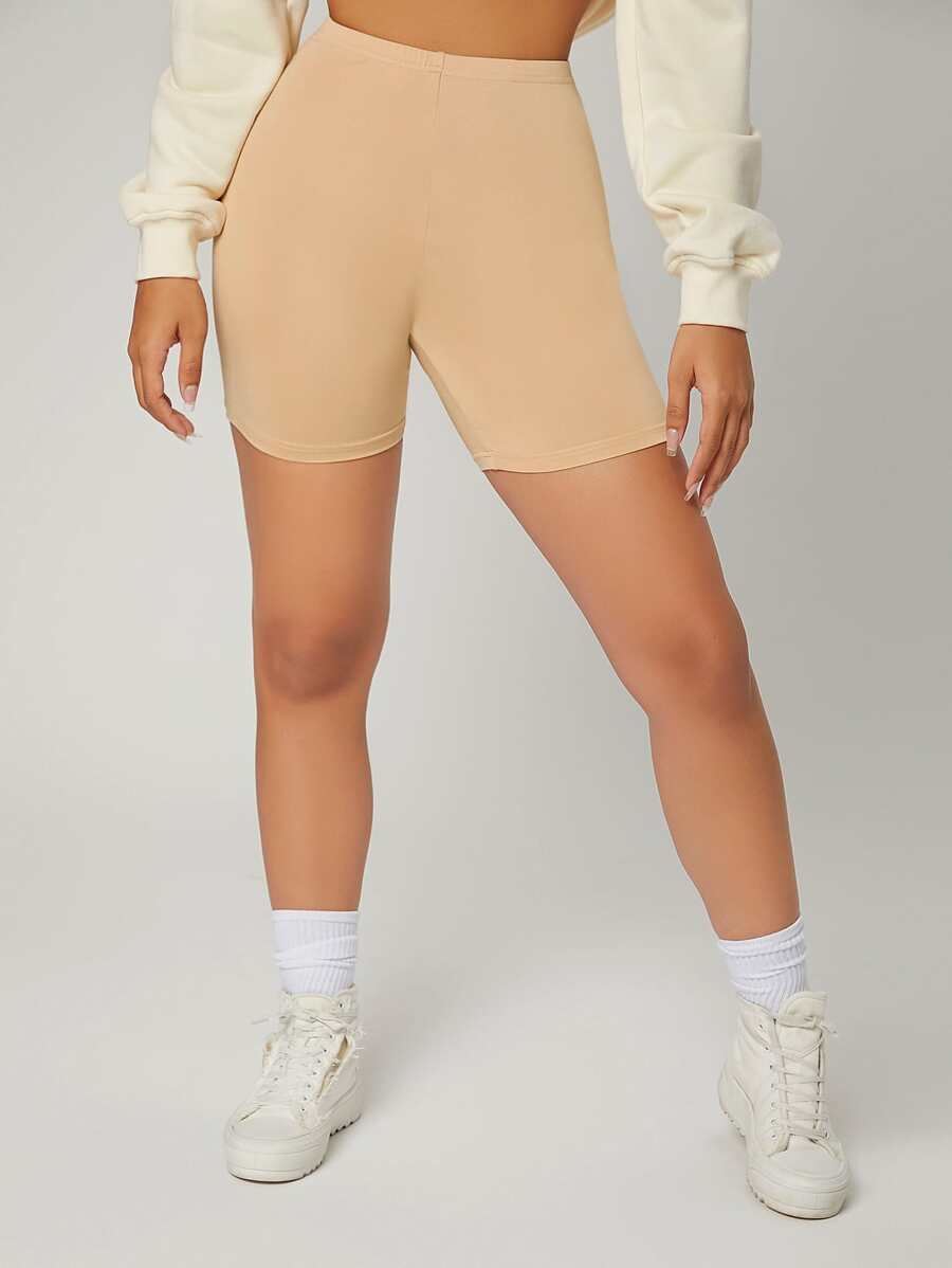 SHEIN EZwear Solid High Waist Biker Shorts - Apricot - View 1