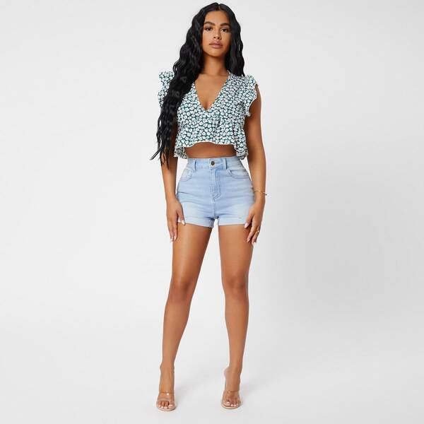 

Stone Wash Roll Hem Denim Shorts, Light wash