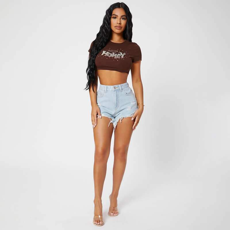 

Ripped Raw Hem Denim Shorts, Light wash
