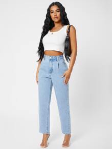 SHEIN PETITE Quần jean Nút Túi Dây kéo màu trơn - Rửa nhẹ - Xem 1