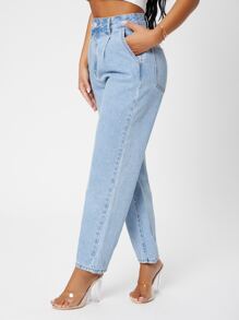 SHEIN PETITE Quần jean Nút Túi Dây kéo màu trơn - Rửa nhẹ - Xem 4