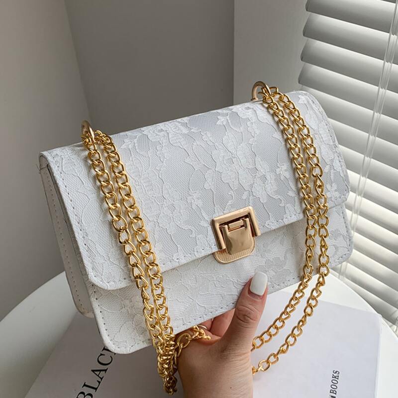 

Floral Lace Chain Shoulder Bag, White