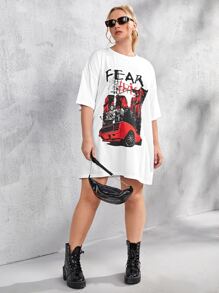 Áo thun hở vai họa tiết ô tô và chữ cỡ lớn - trắng - Xem 3