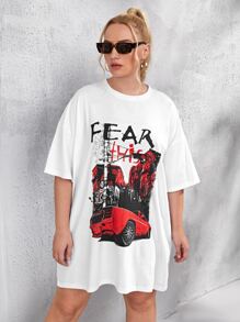 Áo thun hở vai họa tiết ô tô và chữ cỡ lớn - trắng - Xem 4