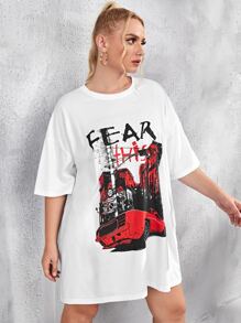 Áo thun hở vai họa tiết ô tô và chữ cỡ lớn - trắng - Xem 5