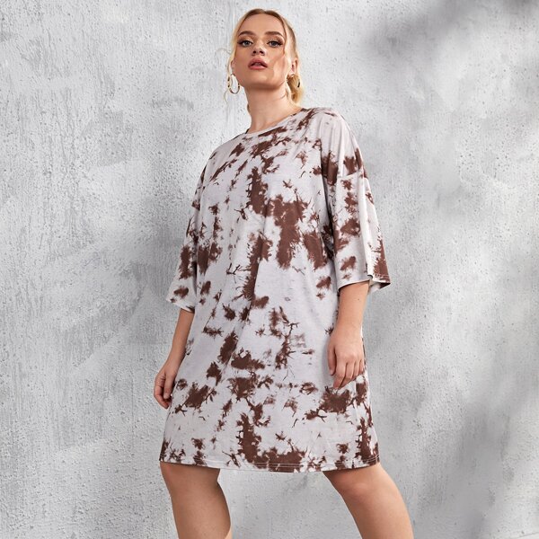 

Plus Drop Shoulder Tie Dye Tee Dress, Brown