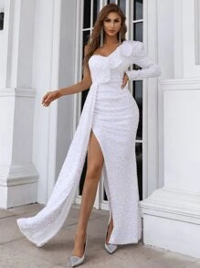 Missord Robe de bal asymétrique fendue à sequins - Blanc - Voir 1