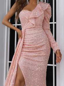 Missord One Shoulder Split Thigh Sequin Prom Dress - Coral Pink - View 3
