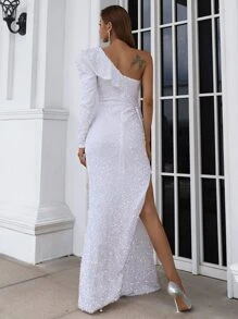 Missord Robe de bal asymétrique fendue à sequins - Blanc - Voir 2