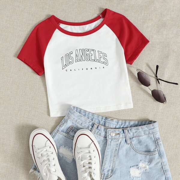 

Colorblock Raglan Sleeve Letter Graphic Tee, Red and white