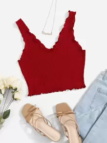 SHEIN EZwear Áo hai dây Xù nhỏ Gân đan màu trơn Giải trí - Màu Đỏ Sâu - Xem 1