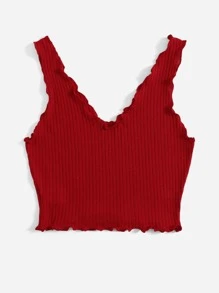 SHEIN EZwear Áo hai dây Xù nhỏ Gân đan màu trơn Giải trí - Màu Đỏ Sâu - Xem 2