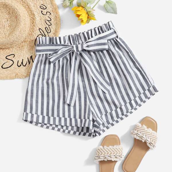 

Rolled Hem Self Belted Striped Shorts, Multicolor