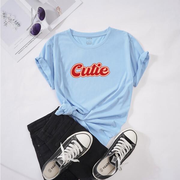 

Letter Graphic Round Neck Tee, Baby blue