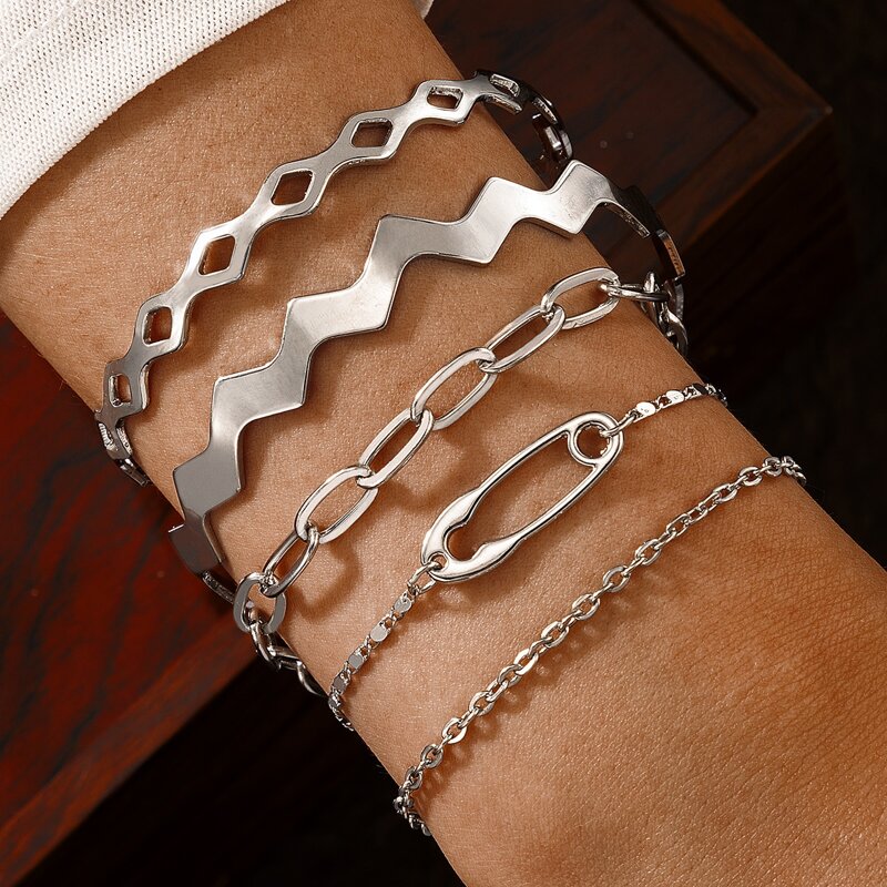 

5pcs Safety Pin Chain Bracelet, Silver
