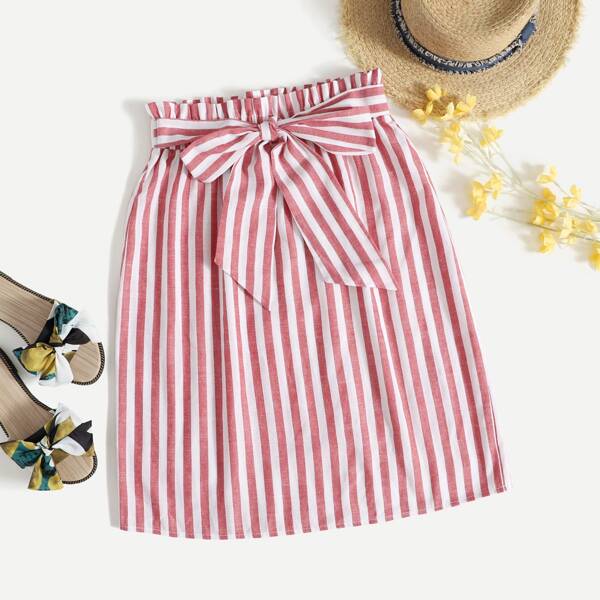 

Paperbag Waist Striped Skirt, Red and white