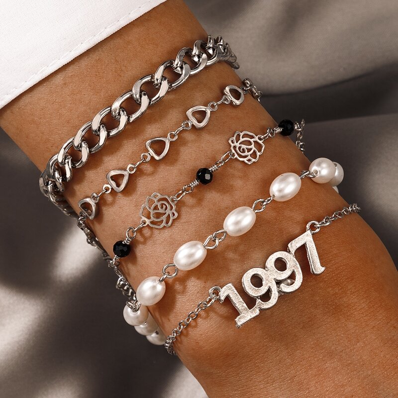 5pcs Faux Pearl Decor Bracelet, Silver