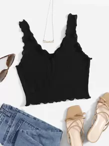 SHEIN EZwear Top tank ribete en forma de lechuga tejido de canalé unicolor - Negro - Ver 1