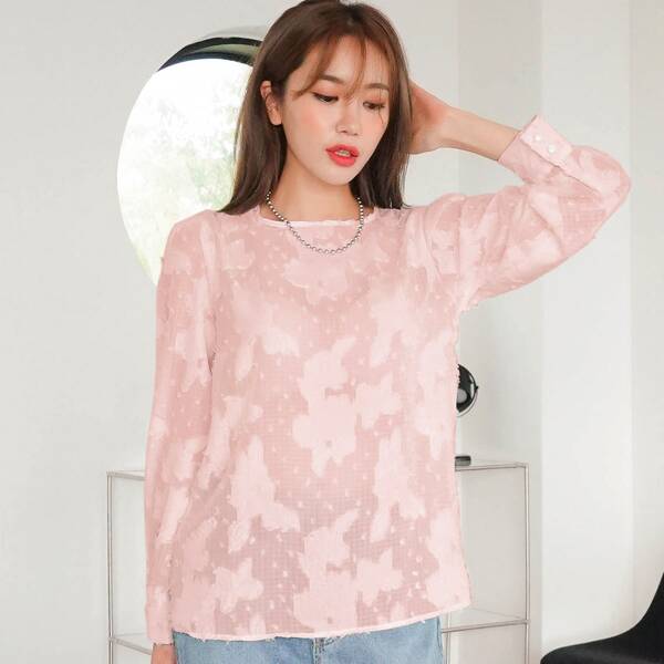 

Solid Puff Sleeve Sheer Blouse, Baby pink