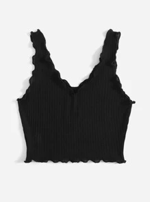 SHEIN EZwear Top tank ribete en forma de lechuga tejido de canalé unicolor - Negro - Ver 2