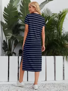 SHEIN LUNE 條紋開衩T恤連衣裙 - 藏蓝色 - 查看 2