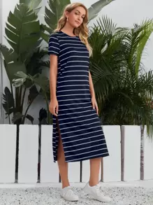 SHEIN LUNE 條紋開衩T恤連衣裙 - 藏蓝色 - 查看 3