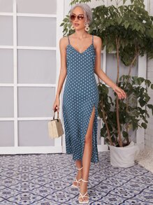 SHEIN VCAY Vestido slip de muslo con abertura de lunares - Neblina azul - Ver 1