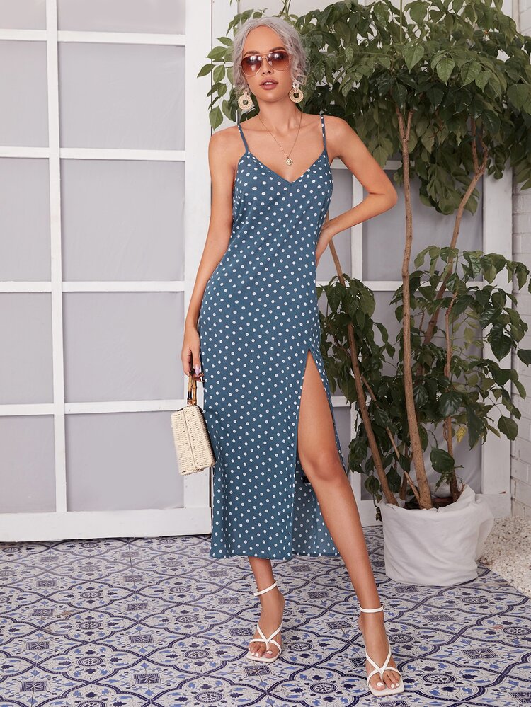 SHEIN VCAY Polka Dot Split Thigh Slip Dress - Dusty Blue - View 3