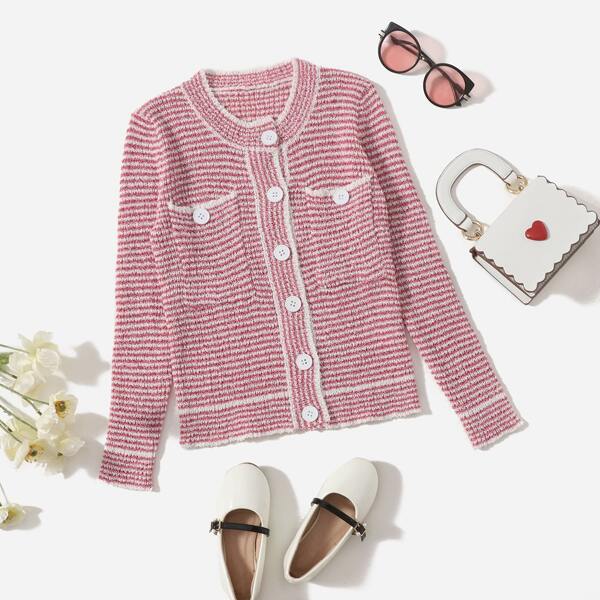 

Girls Dual Pocket Stripe Pattern Button Up Cardigan, Red