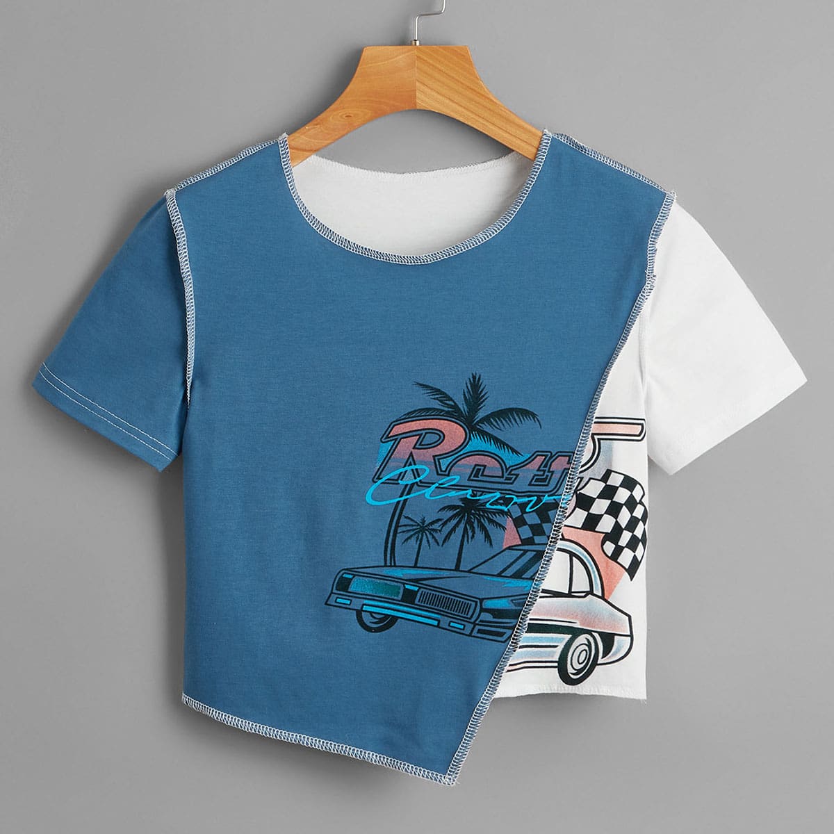 

Stitching Trim Car Graphic Colorblock Tee, Blue and white