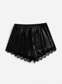 Plus Satin Contrast Lace Pajama Sleep Shorts - Black - View 2