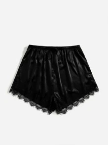 Plus Satin Contrast Lace Pajama Sleep Shorts - Black - View 3