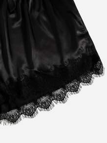 Plus Satin Contrast Lace Pajama Sleep Shorts - Black - View 5