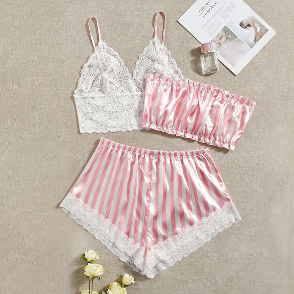 

Plus 3pcs Satin Striped Print Contrast Lace Night Set, Multicolor