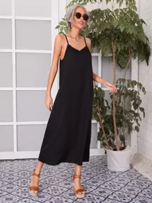 SHEIN LUNE Solid Backless Cami Dress - Black - View 4