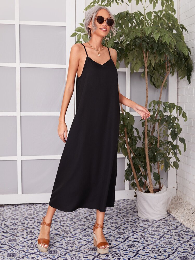 SHEIN LUNE Solid Backless Cami Dress - Black - View 4