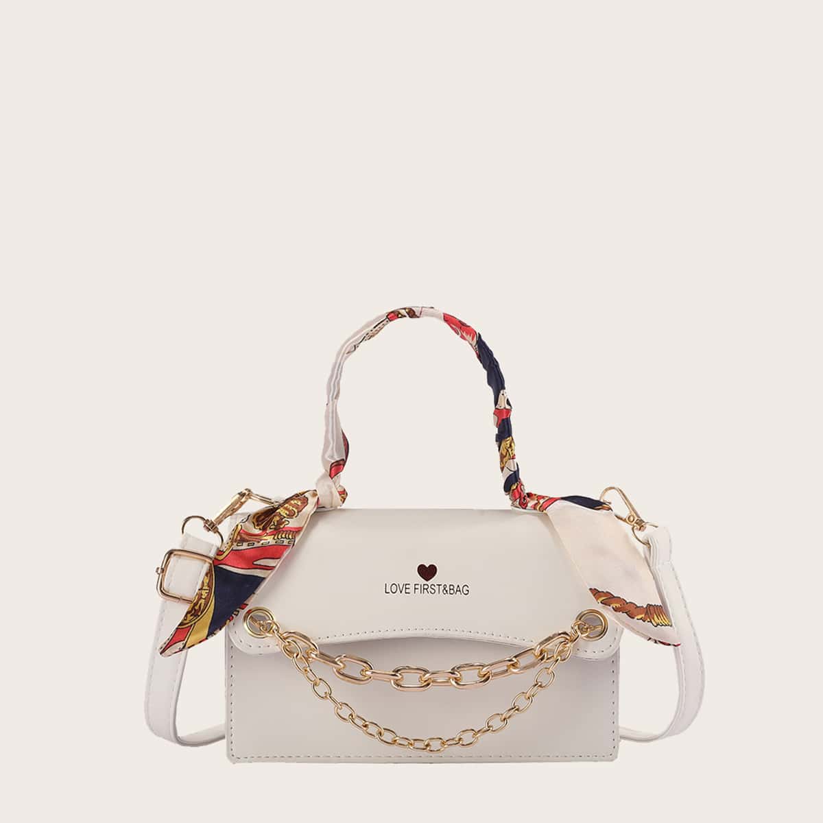 

Scarf Decor Chain Satchel Bag, Beige