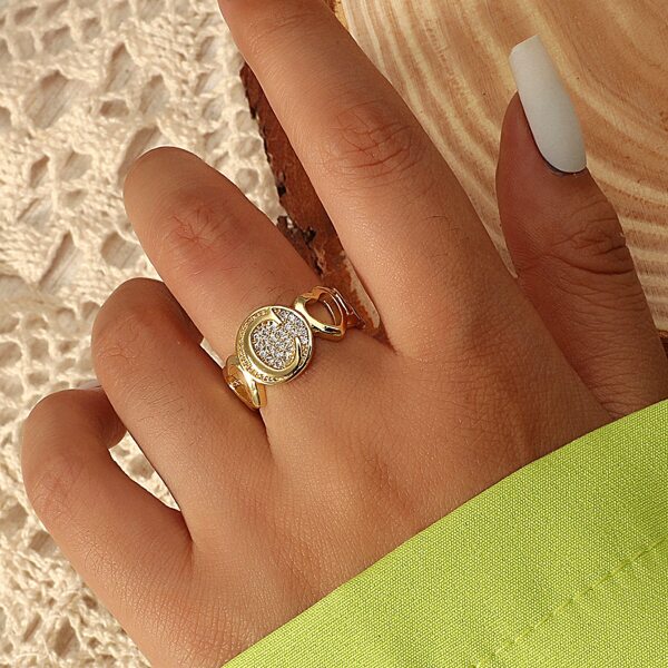 

Zircon & Letter Decor Cuff Ring, Gold