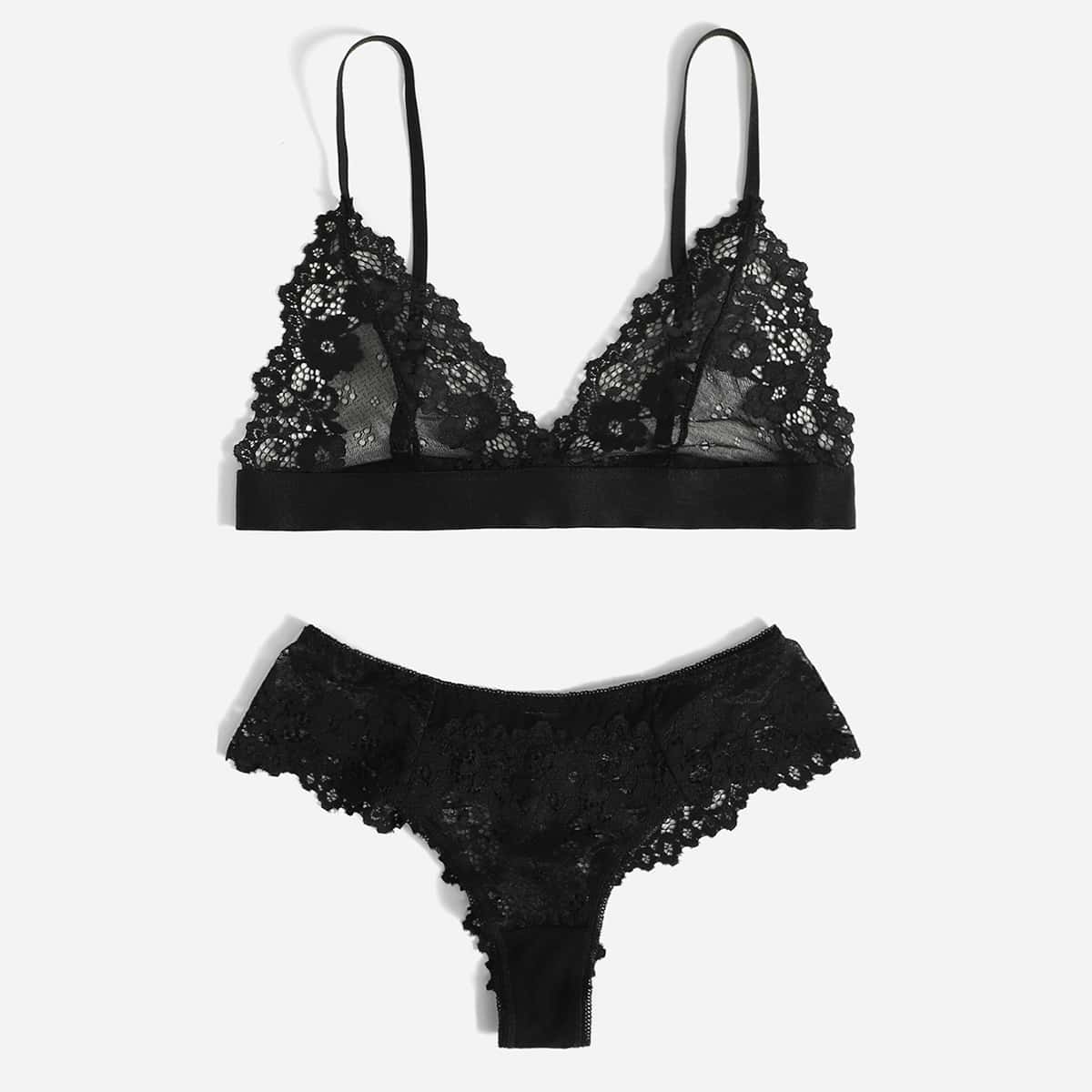 

Floral Lace Lingerie Set, Black
